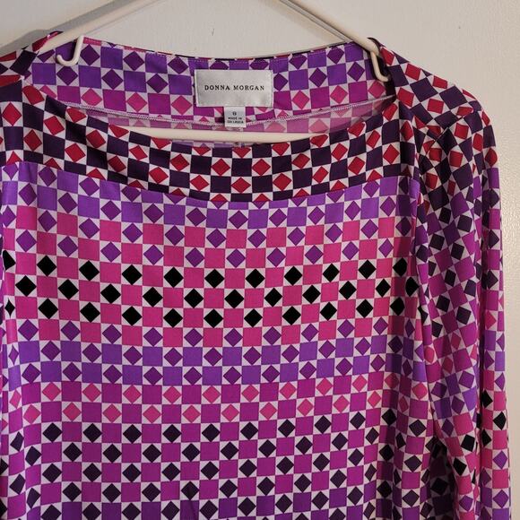 DONNA MORGAN Retro Mod Geometric Shift Dress Sz 8 Pink Purple Stretch Work Party - Picture 3 of 10